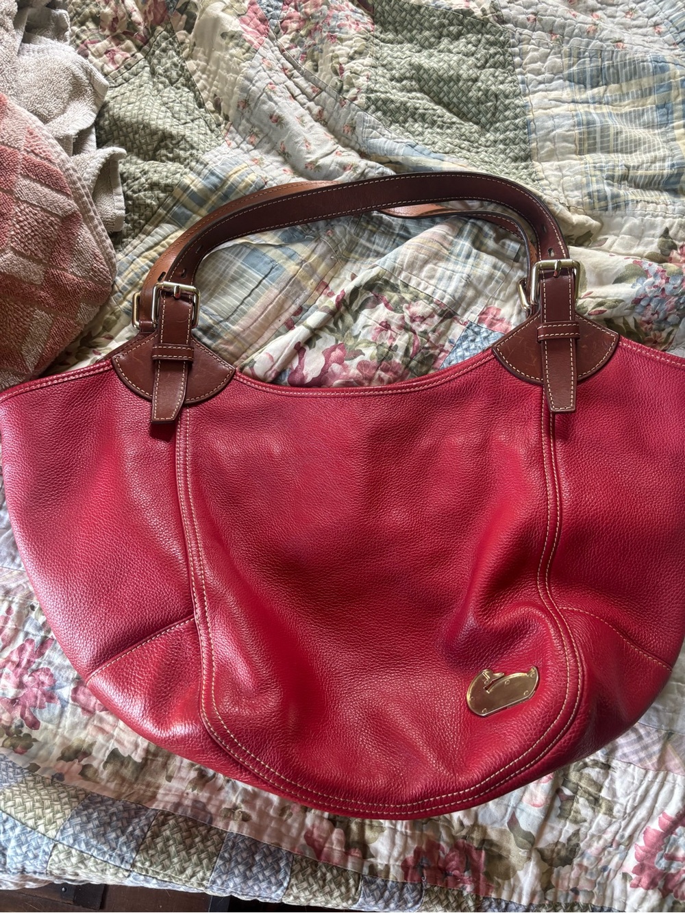 Dooney and Bourke Red Leather Tote Shoulder Bag with Brown Trim